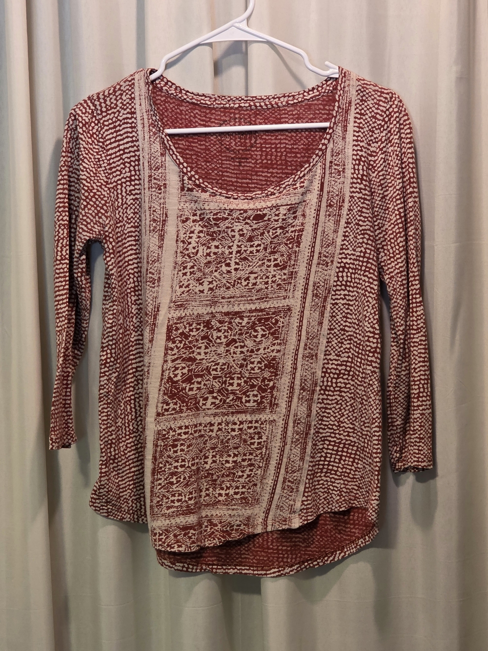 Lucky Brand Rust and Cream Printed 3/4 Sleeve Scoop Neck Top